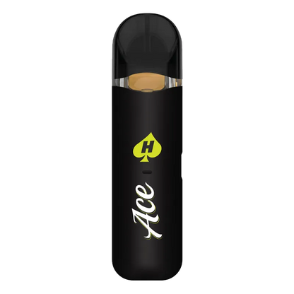 Straight-on product shot of a black Blue King Live Resin Disposable Vape with a translucent mouthpiece and lime-green Ace logo centered on the body.