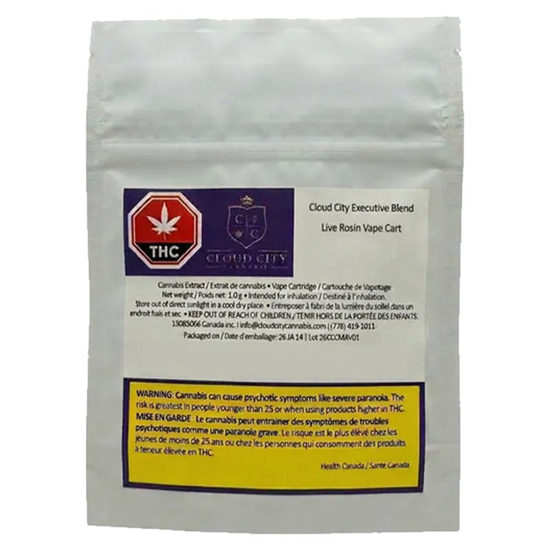 Front-facing image of a white pouch labeled "2026 Executive Blend Live Rosin Vape Cartridge" with a purple Cloud City crest and a yellow warning box near the bottom