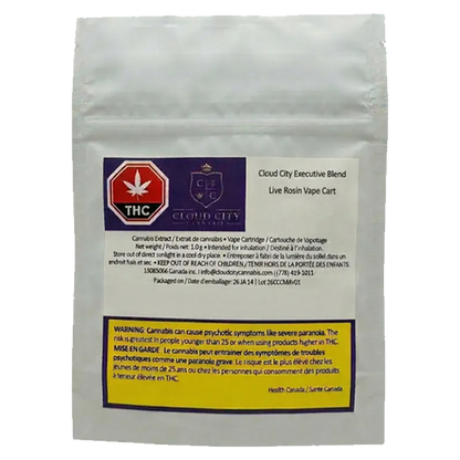 Front-facing image of a white pouch labeled "2026 Executive Blend Live Rosin Vape Cartridge" with a purple Cloud City crest and a yellow warning box near the bottom
