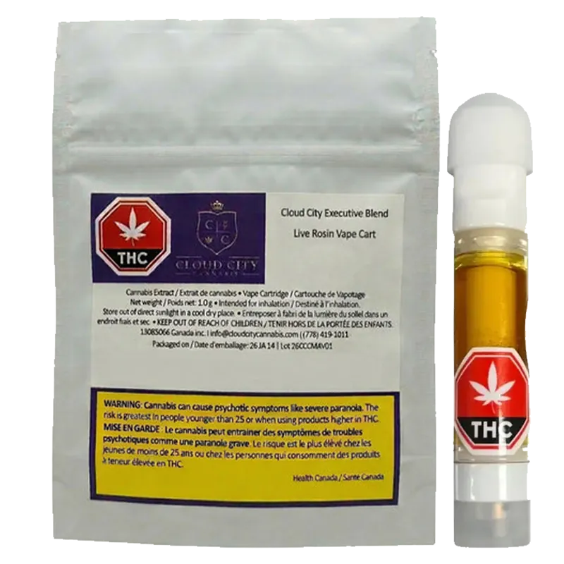 Front-facing photo of the 2026 Executive Blend Live Rosin Vape Cartridge and its silver foil pouch, the amber cartridge with a red THC label standing to the right.