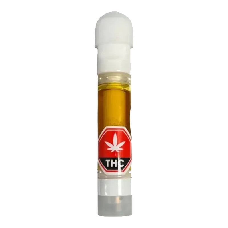 Close-up vertical shot of a cartridge filled with amber oil, labeled and capped, showing the 2026 Executive Blend Live Rosin Vape Cartridge.