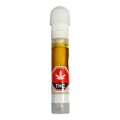 Close-up vertical shot of a cartridge filled with amber oil, labeled and capped, showing the 2026 Executive Blend Live Rosin Vape Cartridge.