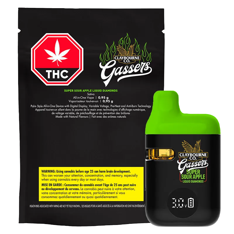 Front view of the Claybourne Co. Gassers Super Sour Apple Liquid Diamonds disposable vape and its black pouch, the green-topped device showing a small window and digital display.