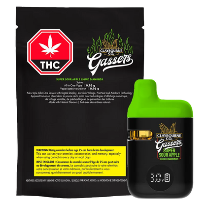 Front view of the Claybourne Co. Gassers Super Sour Apple Liquid Diamonds disposable vape and its black pouch, the green-topped device showing a small window and digital display.