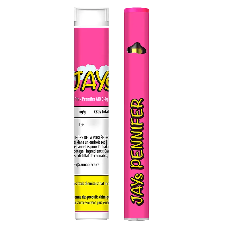 Straight-on front and side view of the bright pink "Pink Pennifer Disposable Vape" showing bold yellow "JAYS PENNIFER" text and a clear mouthpiece.