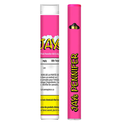 Straight-on front and side view of the bright pink "Pink Pennifer Disposable Vape" showing bold yellow "JAYS PENNIFER" text and a clear mouthpiece.
