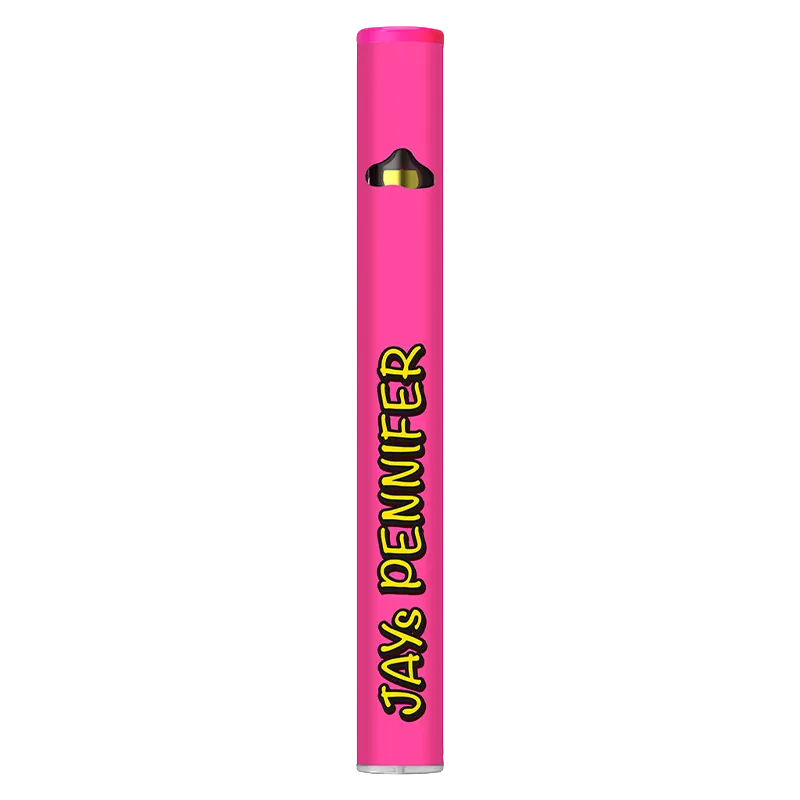 Tall, centered product shot of the bright pink Pink Pennifer Disposable Vape with bold yellow "JAYS PENNIFER" text along its shaft.