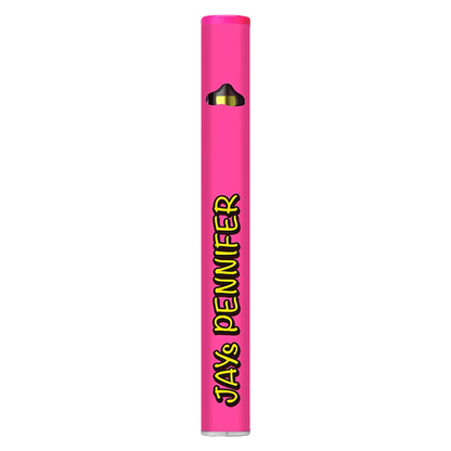 Tall, centered product shot of the bright pink Pink Pennifer Disposable Vape with bold yellow "JAYS PENNIFER" text along its shaft.