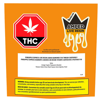 Square front view of the bright orange Amped Live Resin Pineapple Express Vape Cartridge box with THC and dripping crown graphics