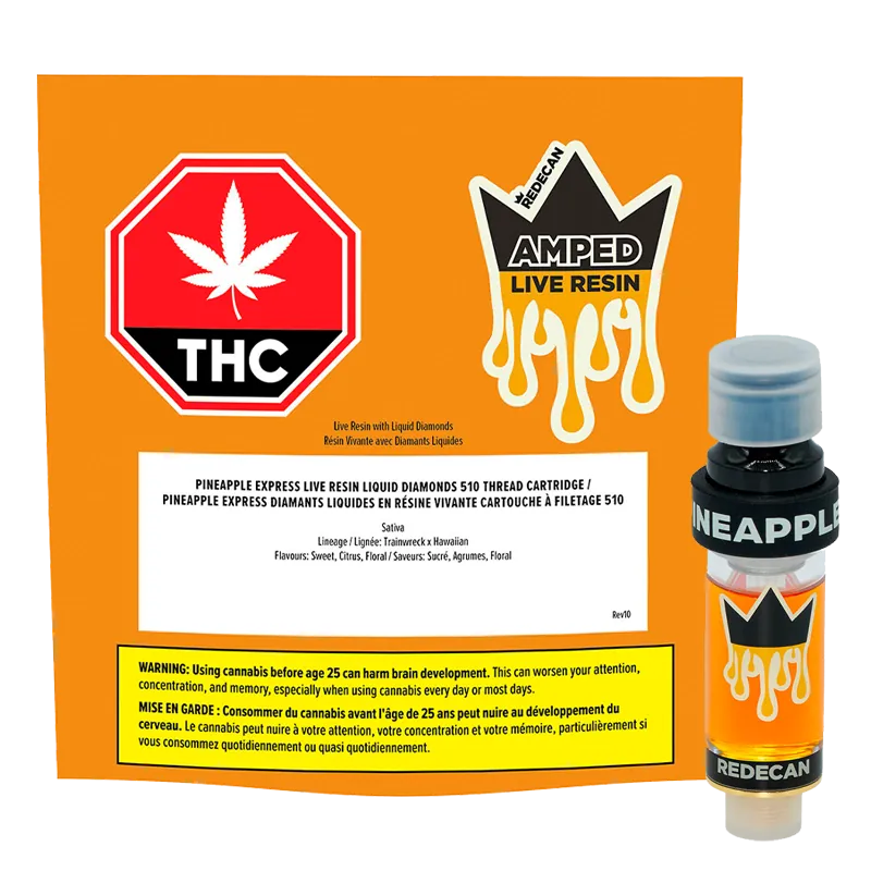 Angled product shot of the Amped Live Resin Pineapple Express Vape Cartridge against an orange branded backing, showing the cartridge's label, cap, and dripping crown logo.