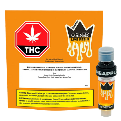 Angled product shot of the Amped Live Resin Pineapple Express Vape Cartridge against an orange branded backing, showing the cartridge's label, cap, and dripping crown logo.