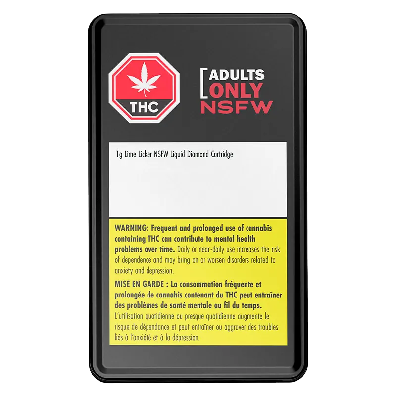 Top-down view of a black package labeled "Lime Licker NSFW Vape Cartridge" with a red THC stop sign, "ADULTS ONLY NSFW" text, and a yellow bilingual warning panel.