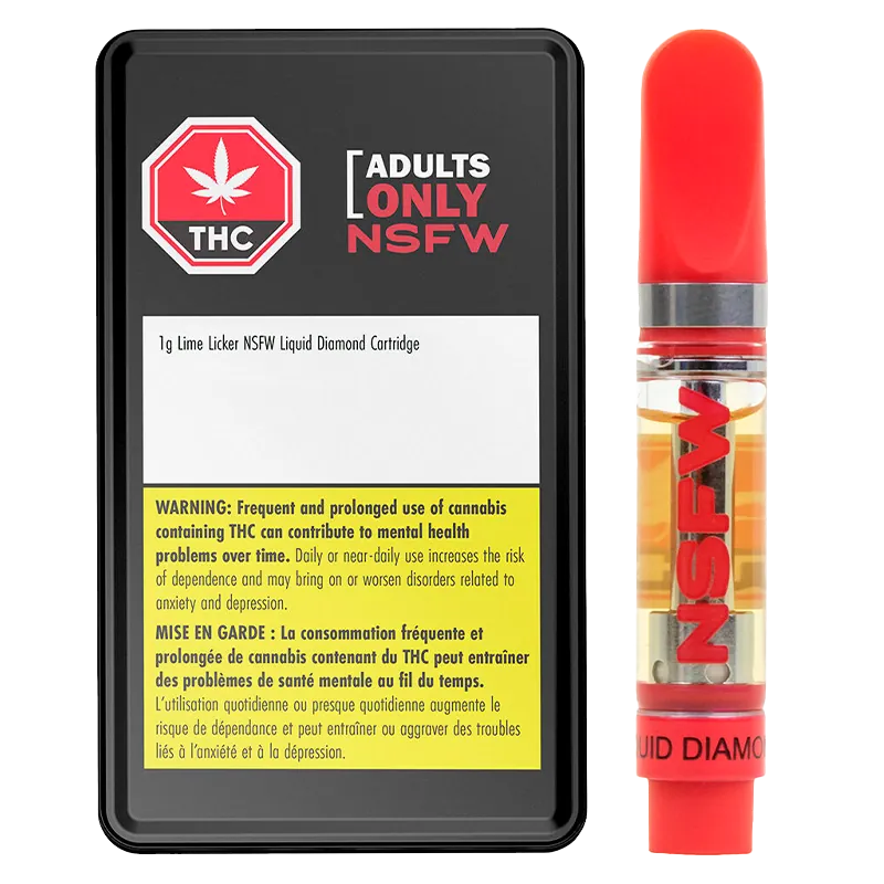 Right-side close-up of the Lime Licker NSFW Vape Cartridge showing a red-topped clear cartridge half-filled with golden oil next to its black warning-labeled tin.