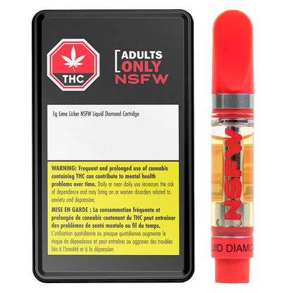 Right-side close-up of the Lime Licker NSFW Vape Cartridge showing a red-topped clear cartridge half-filled with golden oil next to its black warning-labeled tin.