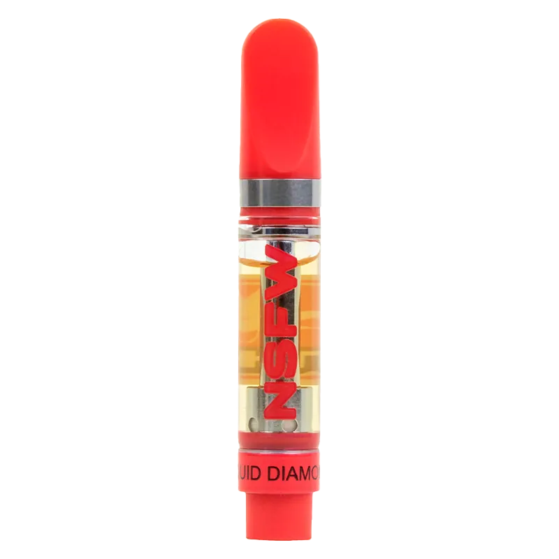 Centered front view of the Lime Licker NSFW Vape Cartridge with a red mouthpiece and visible amber oil in a clear chamber labeled NSFWM.