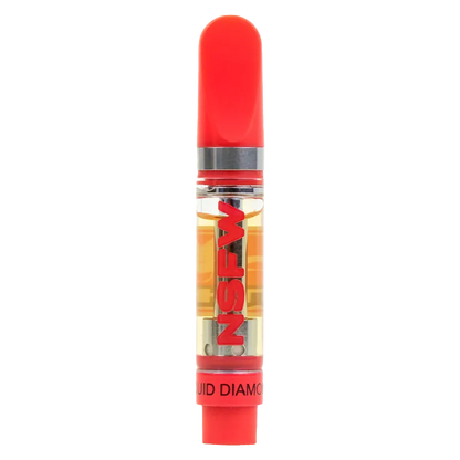 Centered front view of the Lime Licker NSFW Vape Cartridge with a red mouthpiece and visible amber oil in a clear chamber labeled NSFWM.