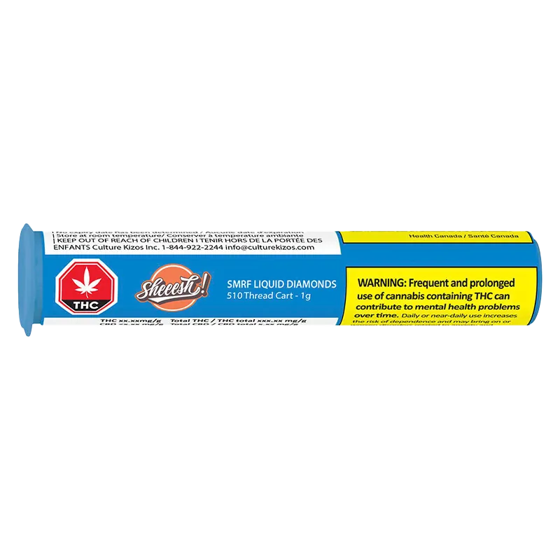 Horizontal close-up of a blue tube label reading SMRF Liquid Diamonds Vape Cartridge with a red THC octagon and yellow warning panel.