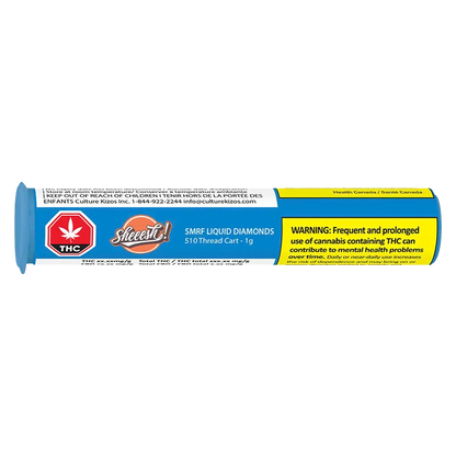 Horizontal close-up of a blue tube label reading SMRF Liquid Diamonds Vape Cartridge with a red THC octagon and yellow warning panel.