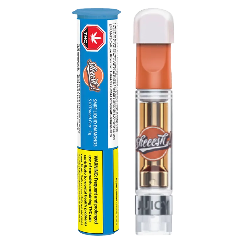 Straight-on view of the SMRF Liquid Diamonds Vape Cartridge showing the clear cartridge with orange mouthpiece beside its blue warning tube.