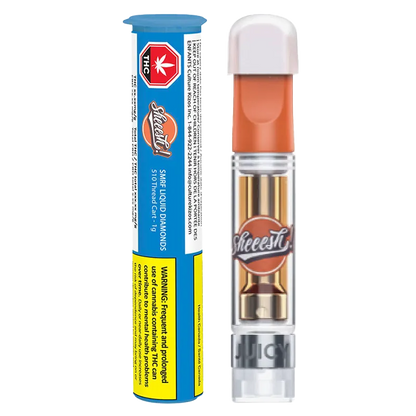 Straight-on view of the SMRF Liquid Diamonds Vape Cartridge showing the clear cartridge with orange mouthpiece beside its blue warning tube.