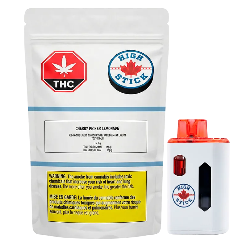 Front-facing shot of a Cherry Picker Lemonade Disposable Vape package and white vape device with red mouthpiece, shown against a white background.