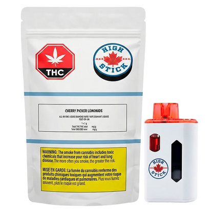 Front-facing shot of a Cherry Picker Lemonade Disposable Vape package and white vape device with red mouthpiece, shown against a white background.