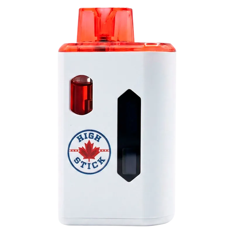 Close-up front view of the Cherry Picker Lemonade Disposable Vape showing a white rectangular body with a red translucent mouthpiece, two vertical windows, and a "High Stick" maple logo.