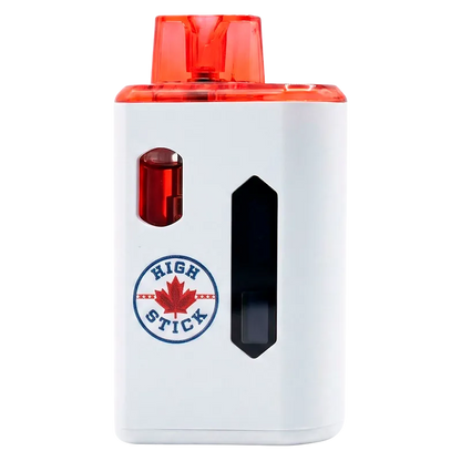 Close-up front view of the Cherry Picker Lemonade Disposable Vape showing a white rectangular body with a red translucent mouthpiece, two vertical windows, and a "High Stick" maple logo.