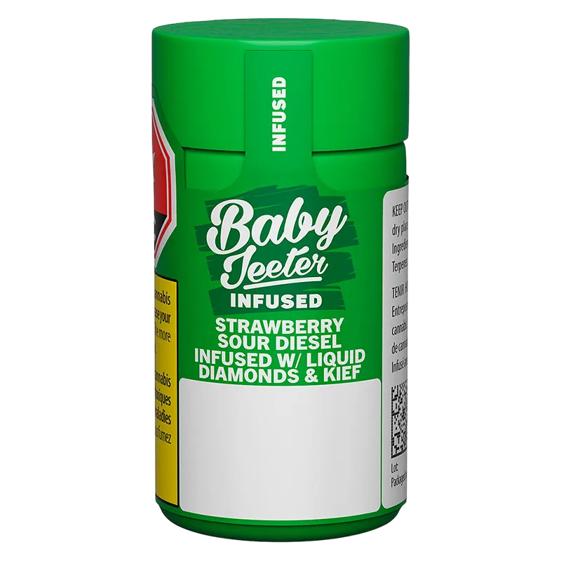 Front-facing close-up of the green Baby Jeeter Strawberry Sour Diesel Infused PR 5 x 0.5 g container with bold white logo and product text on a white background