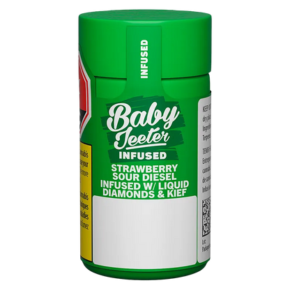 Front-facing close-up of the green Baby Jeeter Strawberry Sour Diesel Infused PR 5 x 0.5 g container with bold white logo and product text on a white background