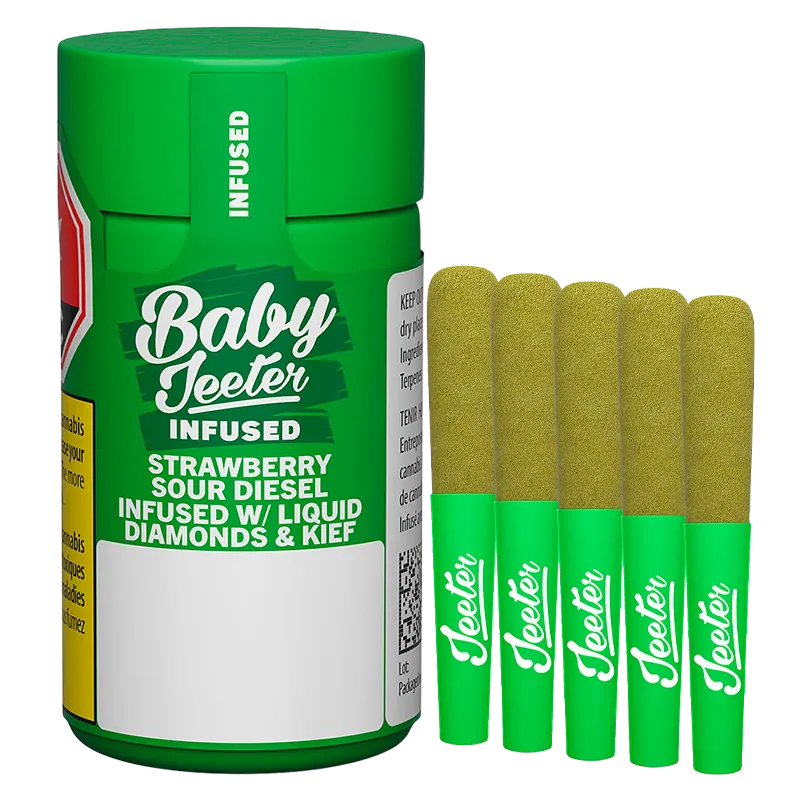 Close-up, straight-on view of the green Baby Jeeter Strawberry Sour Diesel Infused PR 5 x 0.5 g container beside five matching green pre-rolls with gold-coated tips.