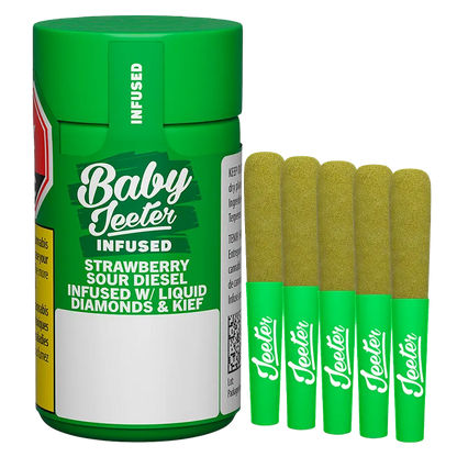 Close-up, straight-on view of the green Baby Jeeter Strawberry Sour Diesel Infused PR 5 x 0.5 g container beside five matching green pre-rolls with gold-coated tips.