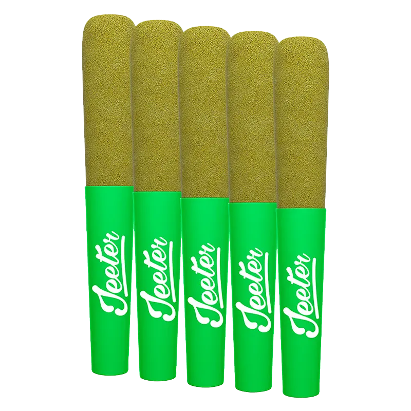 Front-facing row of five green‑sleeved Baby Jeeter Strawberry Sour Diesel Infused PR 5 x 0.5 g pre-rolls with brown rounded tips against a white background