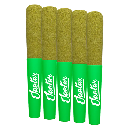 Front-facing row of five green‑sleeved Baby Jeeter Strawberry Sour Diesel Infused PR 5 x 0.5 g pre-rolls with brown rounded tips against a white background