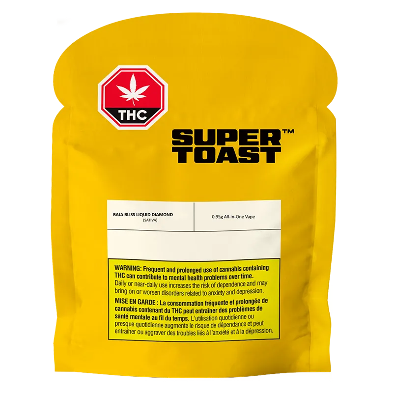 Front-facing shot of a yellow pouch labeled "SUPER TOAST" showing the Baja Bliss Liquid Diamonds Disposable Vape product name on a white info panel.