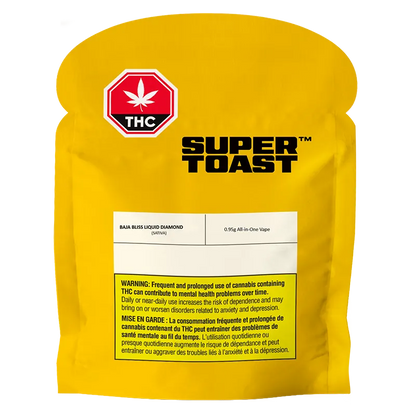 Front-facing shot of a yellow pouch labeled "SUPER TOAST" showing the Baja Bliss Liquid Diamonds Disposable Vape product name on a white info panel.