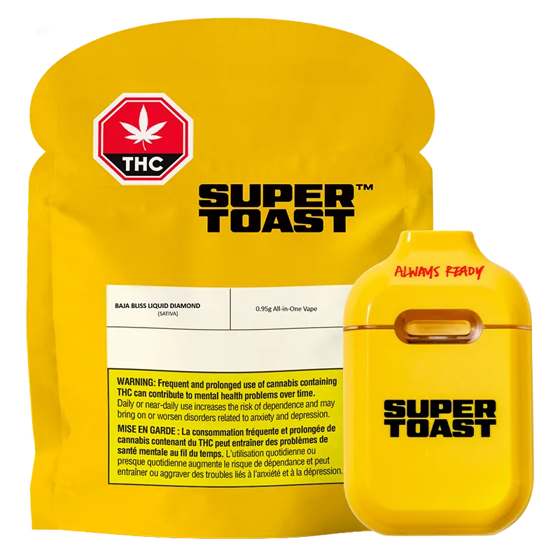 Front-facing shot of the bright yellow pouch and matching pod with "SUPER TOAST" branding, showing the Baja Bliss Liquid Diamonds Disposable Vape and its 0.95 g label.