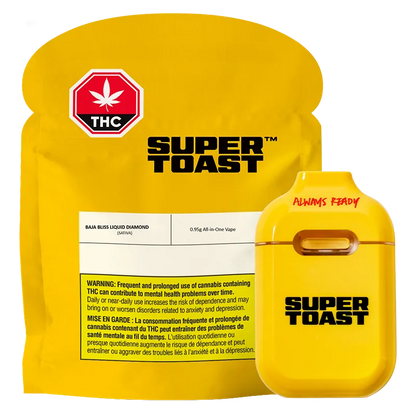 Front-facing shot of the bright yellow pouch and matching pod with "SUPER TOAST" branding, showing the Baja Bliss Liquid Diamonds Disposable Vape and its 0.95 g label.