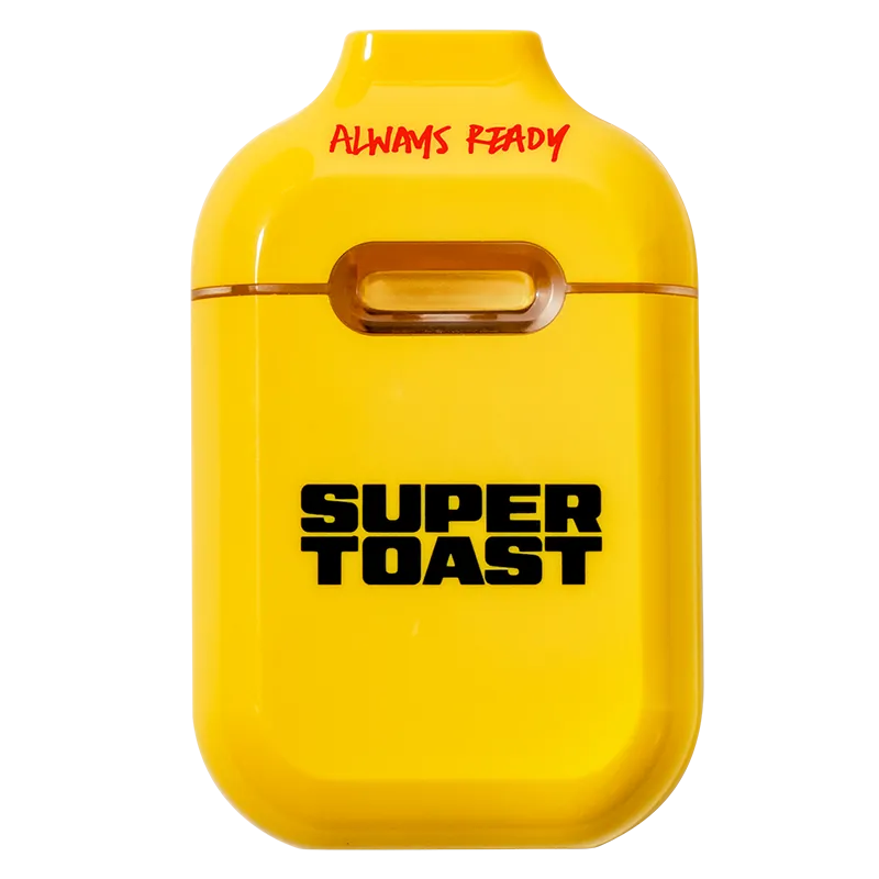 Front-facing view of a bright yellow Baja Bliss Liquid Diamonds Disposable Vape with "SUPER TOAST" bold text and "ALWAYS READY" at top