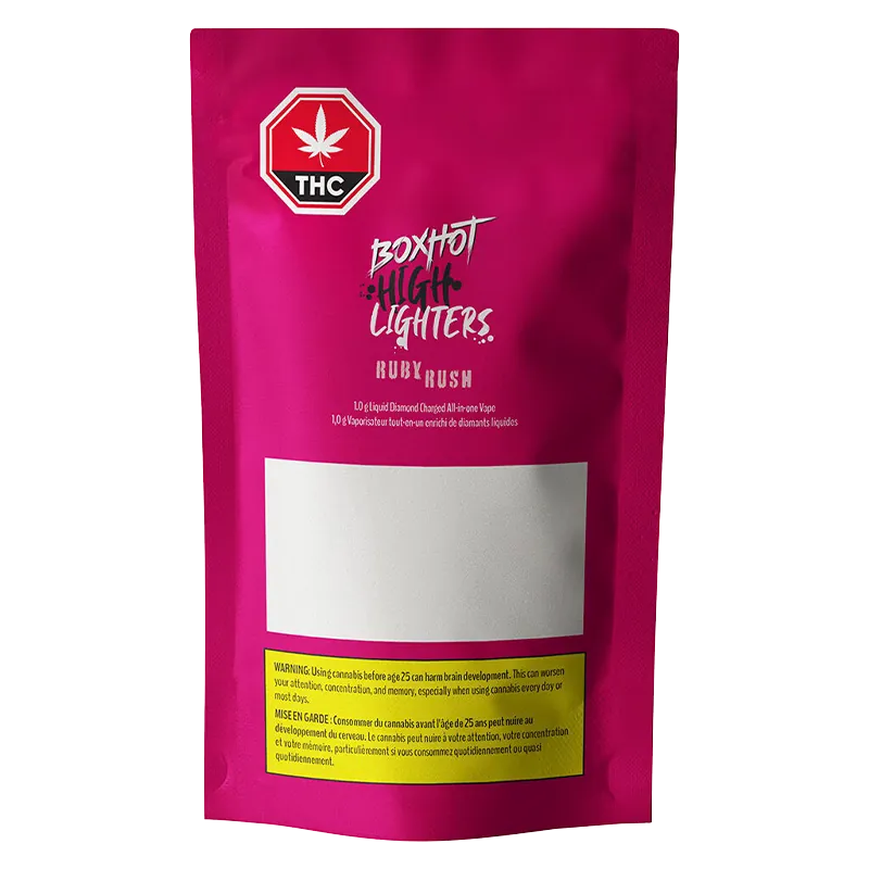 Front-facing shot of a magenta pouch labeled "Ruby Rush Liquid Diamond Charged Disposable Vape" with THC icon and blank white label.
