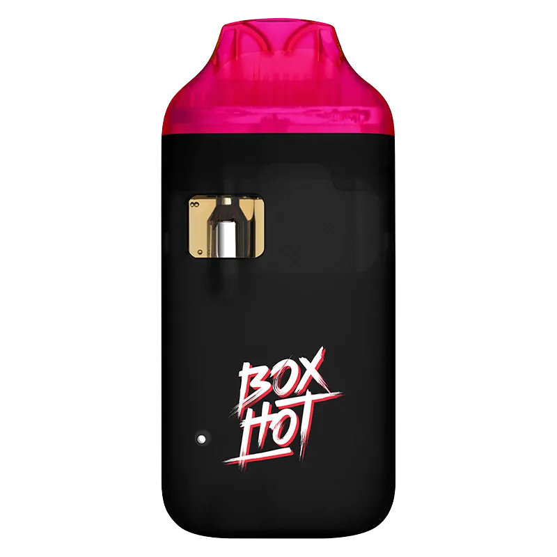 Front-facing image of a black and pink Ruby Rush Liquid Diamond Charged Disposable Vape showing its translucent pink mouthpiece, gold pod window, and "BOX HOT" logo.