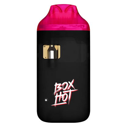 Front-facing image of a black and pink Ruby Rush Liquid Diamond Charged Disposable Vape showing its translucent pink mouthpiece, gold pod window, and "BOX HOT" logo.