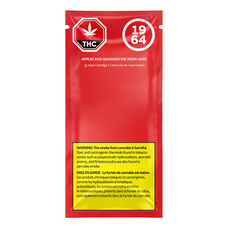 Front-facing red pouch packaging of Apples & Bananas Cured Resin Vape Cartridge with white logos and a yellow warning panel at the bottom
