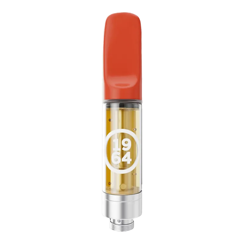 Centered front view of the Apples & Bananas Cured Resin Vape Cartridge with a red mouthpiece and clear tank showing golden oil and a white "1964" logo.