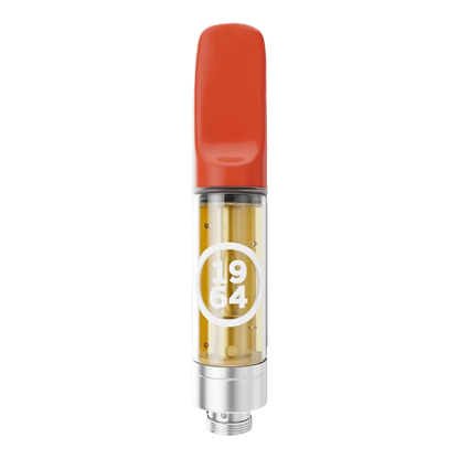Centered front view of the Apples & Bananas Cured Resin Vape Cartridge with a red mouthpiece and clear tank showing golden oil and a white "1964" logo.
