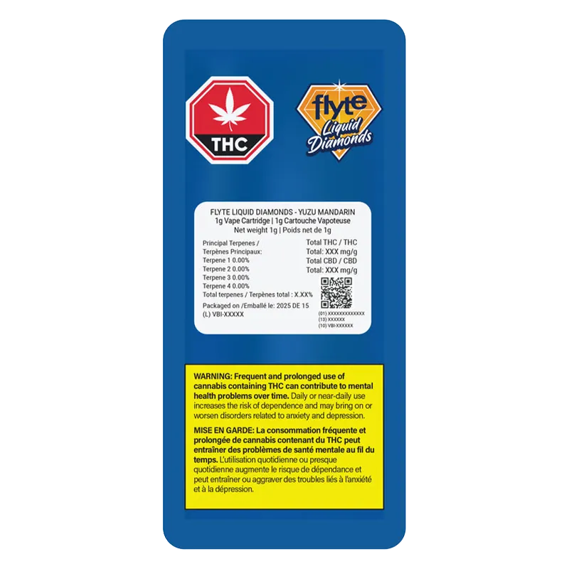 Rear view of the blue packaging for Yuzu Mandarin Liquid Diamonds Vape Cartridge showing THC and Flyte Liquid Diamonds logos, product label, and a yellow warning panel.