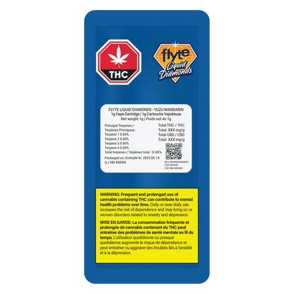 Rear view of the blue packaging for Yuzu Mandarin Liquid Diamonds Vape Cartridge showing THC and Flyte Liquid Diamonds logos, product label, and a yellow warning panel.