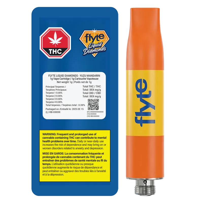 Product-shot front view of the Yuzu Mandarin Liquid Diamonds Vape Cartridge showing the orange-and-yellow cartridge beside its blue labeled packaging.