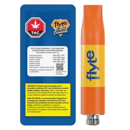 Product-shot front view of the Yuzu Mandarin Liquid Diamonds Vape Cartridge showing the orange-and-yellow cartridge beside its blue labeled packaging.