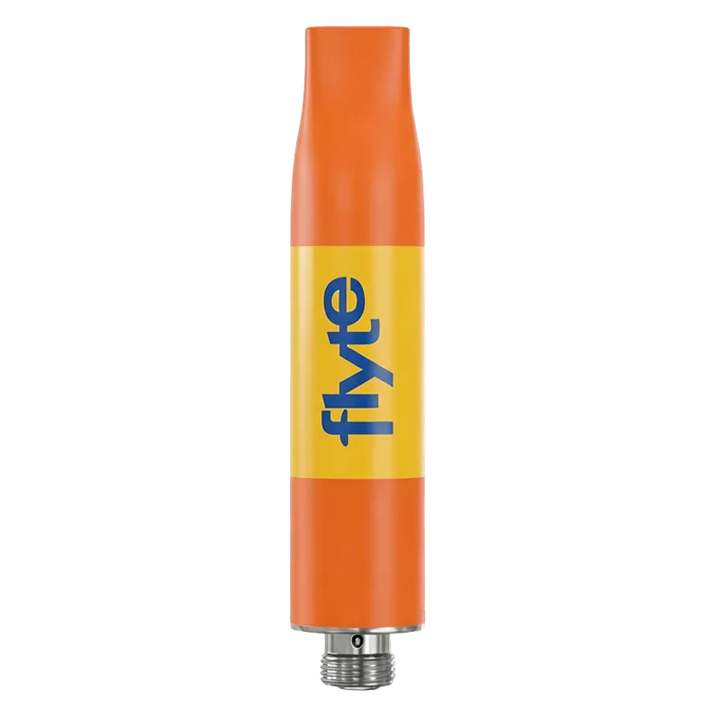 Centered vertical product shot of a bright orange Yuzu Mandarin Liquid Diamonds Vape Cartridge with a yellow "flyte" label against a white background